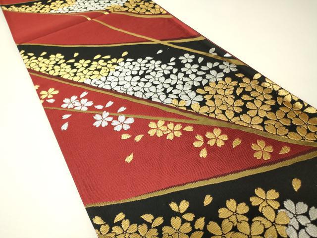 平和屋着物▼西陣　六通柄袋帯　舞桜文　金銀糸　証紙付き　正絹　逸品　未使用　DABH6676az