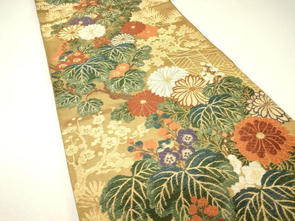 平和屋着物▼ファッションデザイナー 花井幸子　六通柄袋帯　唐織　菊文　金糸　正絹　逸品　DABH6708az
