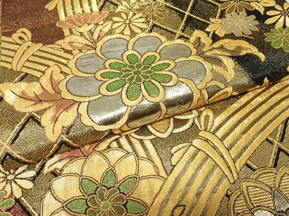 平和屋着物▼佐賀錦　両面　六通柄袋帯　籬花文　金銀糸　正絹　逸品　DABH6714az
