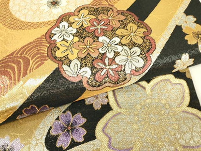 平和屋着物▼佐賀錦　六通柄袋帯　桜花紋　黒地　金糸　正絹　逸品　DABH6716az