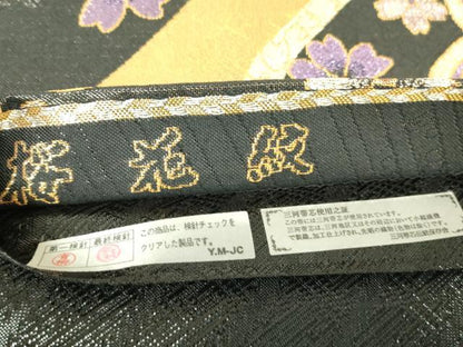 平和屋着物▼佐賀錦　六通柄袋帯　桜花紋　黒地　金糸　正絹　逸品　DABH6716az