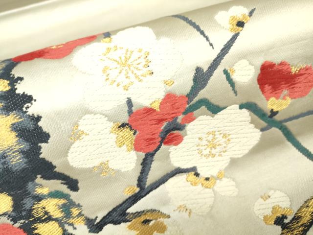 平和屋着物▼六通柄袋帯　唐織　紅白枝梅　金糸　正絹　逸品　DABH6729az