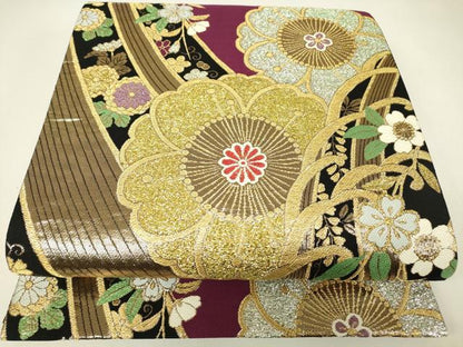 平和屋着物▼六通柄袋帯　吉祥花文　金銀糸　正絹　逸品　DABH6731az