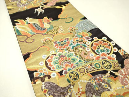 平和屋着物▼六通柄袋帯　唐織　鳳凰更紗花文　金糸　正絹　逸品　DABH6732az