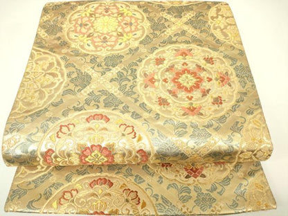 平和屋着物▼六通柄袋帯　正倉院天井花文　金糸　正絹　逸品　DABH6743az