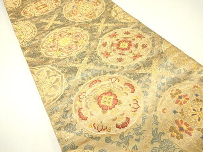 平和屋着物▼六通柄袋帯　正倉院天井花文　金糸　正絹　逸品　DABH6743az