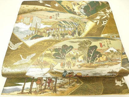 平和屋本店▼全通全景柄袋帯　本金箔　東海道五十三次　正絹　逸品　DABH6746az