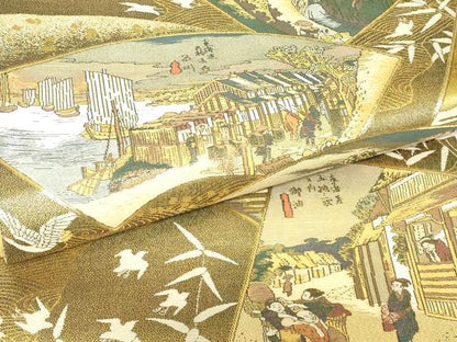 平和屋本店▼全通全景柄袋帯　本金箔　東海道五十三次　正絹　逸品　DABH6746az