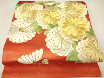 平和屋着物▼総刺繍　太鼓柄袋帯　駒刺繍　菊文　金糸　正絹　逸品　DABH6748az