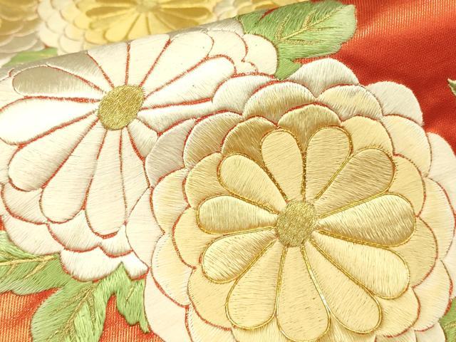 平和屋着物▼総刺繍　太鼓柄袋帯　駒刺繍　菊文　金糸　正絹　逸品　DABH6748az