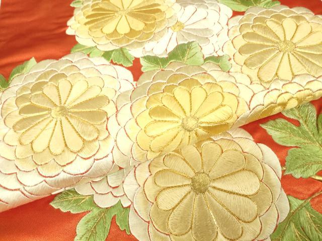 平和屋着物▼総刺繍　太鼓柄袋帯　駒刺繍　菊文　金糸　正絹　逸品　DABH6748az