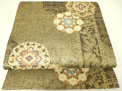 平和屋着物▼六通柄袋帯　正倉院花文　金糸　正絹　逸品　DABH6751az