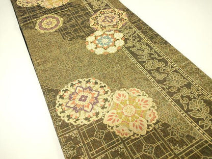 平和屋着物▼六通柄袋帯　正倉院花文　金糸　正絹　逸品　DABH6751az