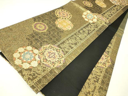 平和屋着物▼六通柄袋帯　正倉院花文　金糸　正絹　逸品　DABH6751az