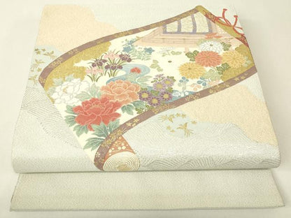 平和屋着物▼明綴れ　太鼓柄袋帯　風景花絵巻　金糸　正絹　逸品　DABH6769az