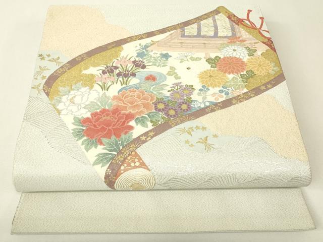 平和屋着物▼明綴れ　太鼓柄袋帯　風景花絵巻　金糸　正絹　逸品　DABH6769az