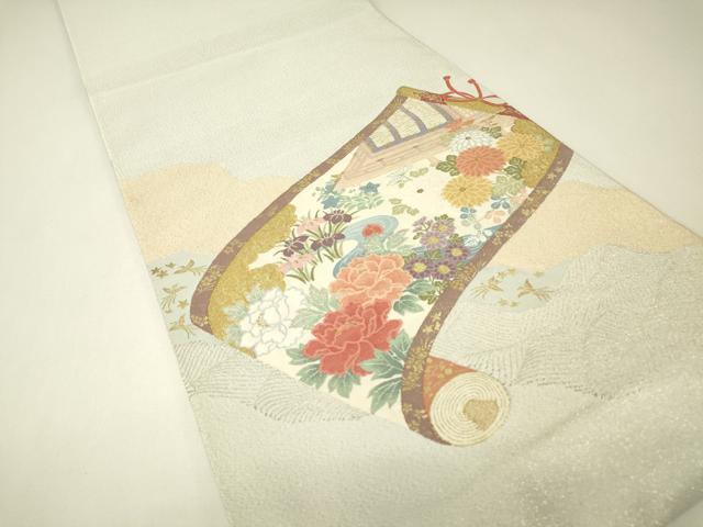 平和屋着物▼明綴れ　太鼓柄袋帯　風景花絵巻　金糸　正絹　逸品　DABH6769az