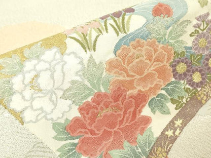 平和屋着物▼明綴れ　太鼓柄袋帯　風景花絵巻　金糸　正絹　逸品　DABH6769az