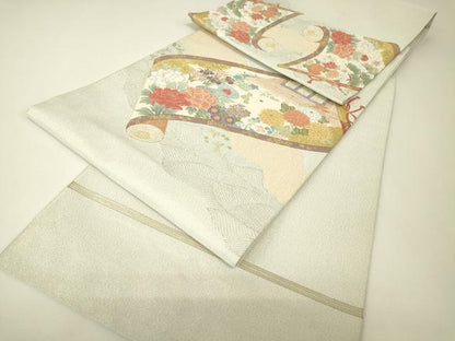 平和屋着物▼明綴れ　太鼓柄袋帯　風景花絵巻　金糸　正絹　逸品　DABH6769az