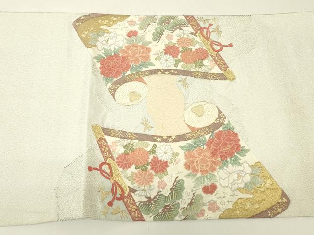 平和屋着物▼明綴れ　太鼓柄袋帯　風景花絵巻　金糸　正絹　逸品　DABH6769az