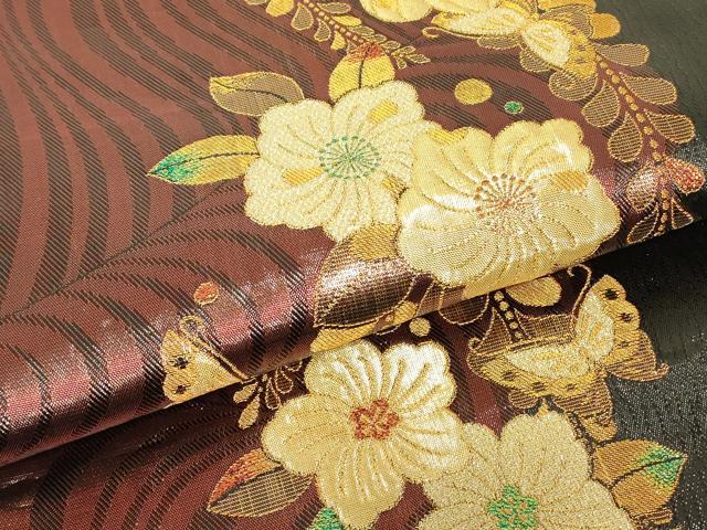 平和屋着物▼六通柄袋帯　辻が花舞蝶文　金糸　正絹　逸品　DABH6776az