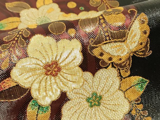 平和屋着物▼六通柄袋帯　辻が花舞蝶文　金糸　正絹　逸品　DABH6776az