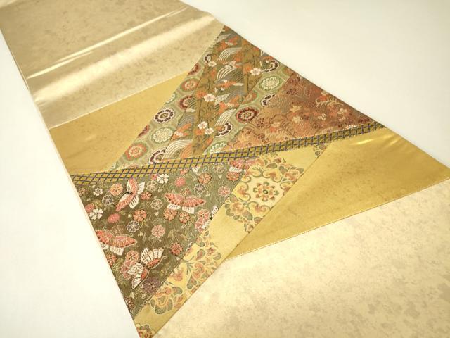 平和屋着物▼太鼓柄袋帯　切嵌め　正倉院花鳥蝶文　金糸　引箔　正絹　逸品　DABH6781az