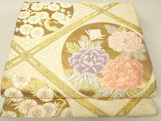 平和屋着物▼六通柄袋帯　唐織　天井花丸文　金糸　正絹　逸品　DABH6782az