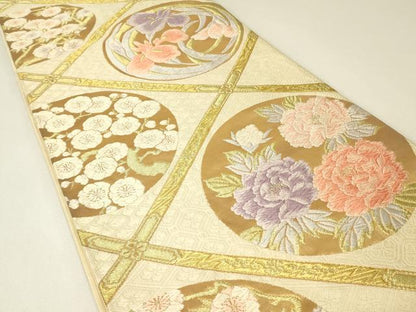 平和屋着物▼六通柄袋帯　唐織　天井花丸文　金糸　正絹　逸品　DABH6782az