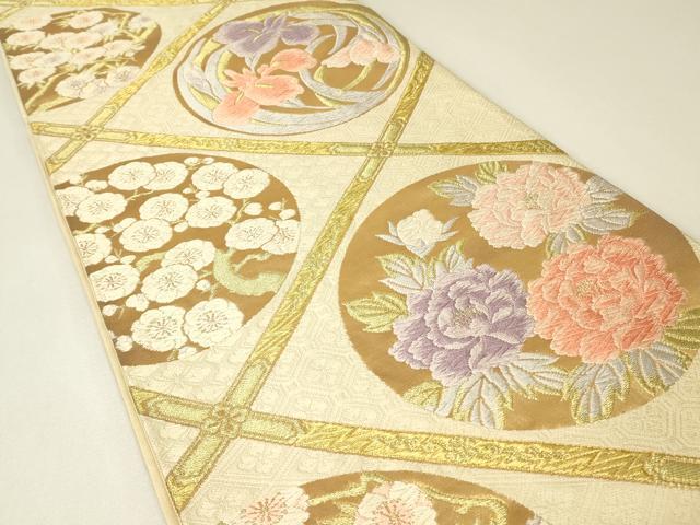 平和屋着物▼六通柄袋帯　唐織　天井花丸文　金糸　正絹　逸品　DABH6782az