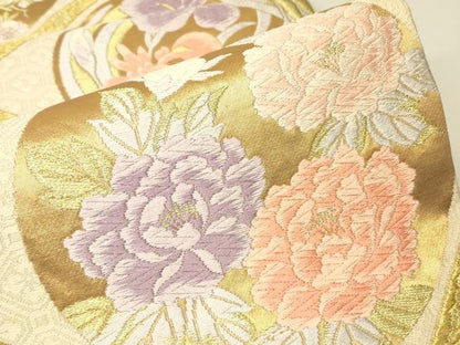 平和屋着物▼六通柄袋帯　唐織　天井花丸文　金糸　正絹　逸品　DABH6782az