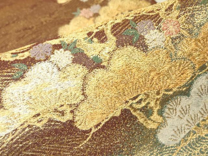 平和屋着物▼綴れ　六通柄袋帯　刻朱織　花松文　金糸　正絹　逸品　DABH6792az