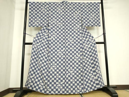 平和屋着物▽上質な小紋　単衣　市松宝尽くし　反端付き　正絹　逸品　DABH6808az