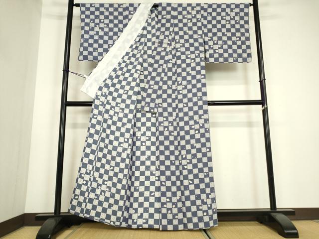 平和屋着物▽上質な小紋　単衣　市松宝尽くし　反端付き　正絹　逸品　DABH6808az