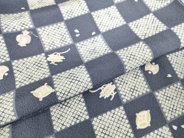 平和屋着物▽上質な小紋　単衣　市松宝尽くし　反端付き　正絹　逸品　DABH6808az