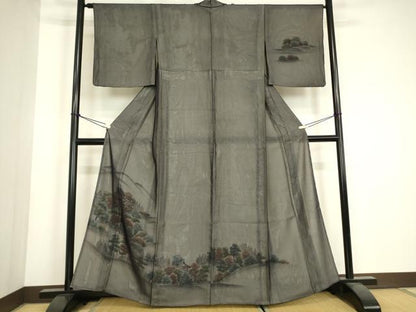 平和屋着物▽訪問着　無双　紗袷　紗×絽　名所風景文　手描き　正絹　逸品　DABH6811az