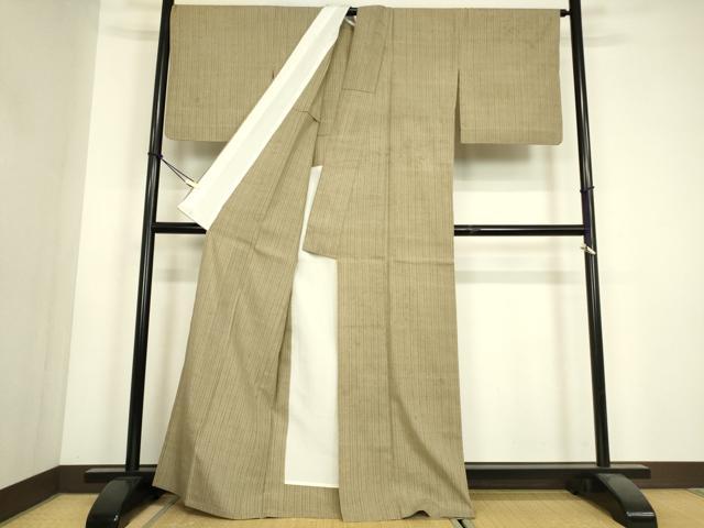 平和屋着物▽本場結城紬　重要無形文化財　単衣　縞　証紙付き　正絹　逸品　DABH6815az