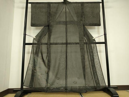 平和屋着物▽訪問着　無双　紗袷　紗×紗　梅雨芝文　黒地　金彩　正絹　逸品　DABH6816az