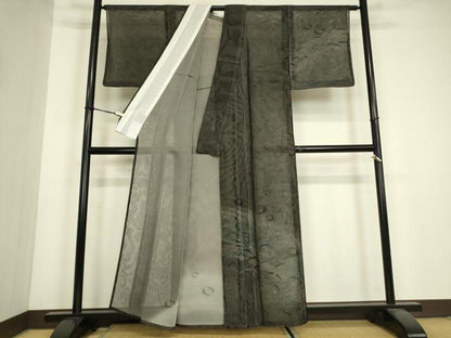 平和屋着物▽訪問着　無双　紗袷　紗×紗　梅雨芝文　黒地　金彩　正絹　逸品　DABH6816az