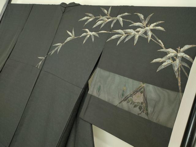 平和屋着物●訪問着　雪持ち笹　黒地　金彩　正絹　逸品　DABH6819az