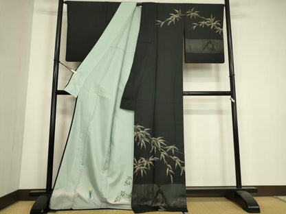 平和屋着物●訪問着　雪持ち笹　黒地　金彩　正絹　逸品　DABH6819az