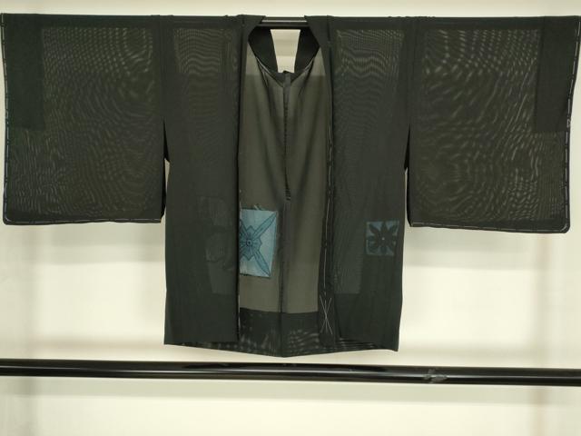 平和屋着物▽羽織　スリーシーズン　春夏秋　塵除け　絽　刺繍　色紙花文　黒地　正絹　逸品　未使用　DABH6821az