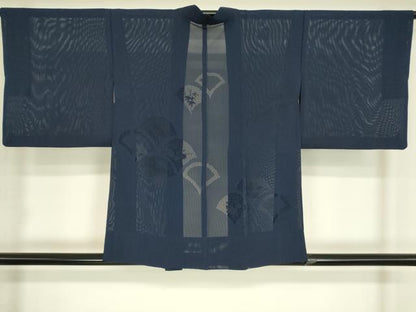 平和屋着物▽中国三大刺繍 スワトウ刺繍 汕頭刺繍 羽織 スリーシーズン 春夏秋 塵除け 絽 扇面花文 青藍色 正絹 逸品 DABH6843az