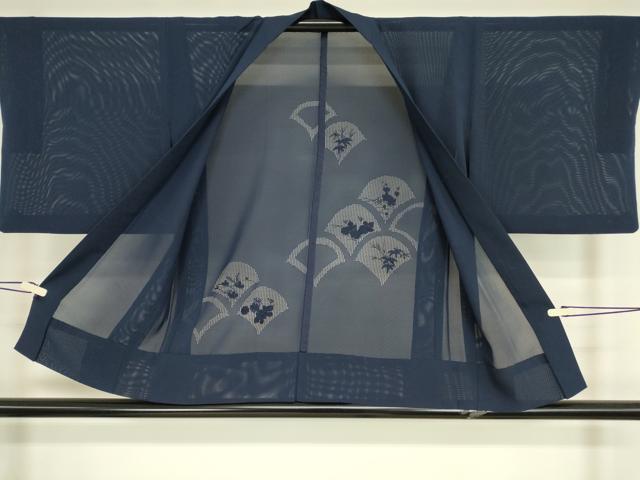 平和屋着物▽中国三大刺繍 スワトウ刺繍 汕頭刺繍 羽織 スリーシーズン 春夏秋 塵除け 絽 扇面花文 青藍色 正絹 逸品 DABH6843az