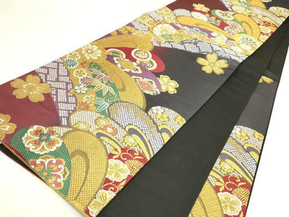 平和屋着物▼六通柄袋帯　吉祥花文　金糸　正絹　逸品　DABH6860az