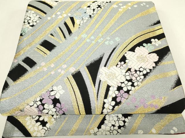 平和屋着物▼両面　六通柄袋帯　唐織　舞桜文　黒地　金銀糸　正絹　逸品　DABH6871az