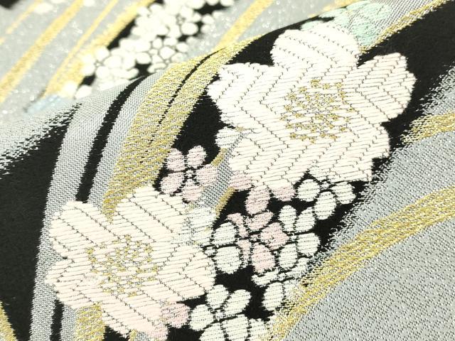 平和屋着物▼両面　六通柄袋帯　唐織　舞桜文　黒地　金銀糸　正絹　逸品　DABH6871az