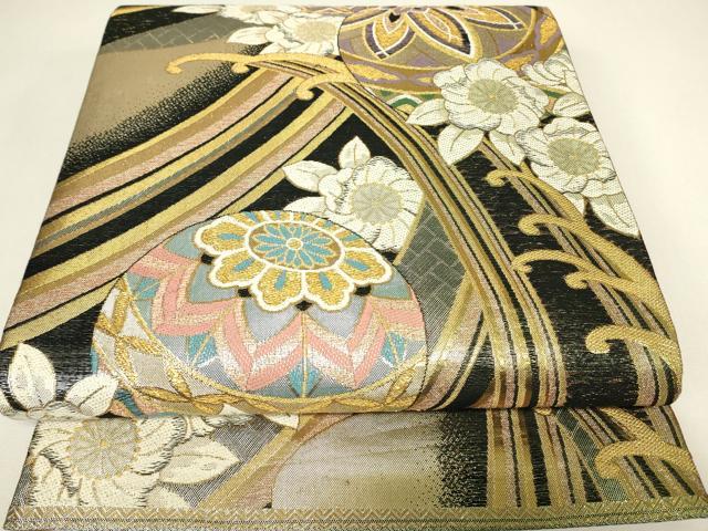 平和屋着物▼六通柄袋帯　華毬文　辻が花　金糸　正絹　逸品　DABH6874az