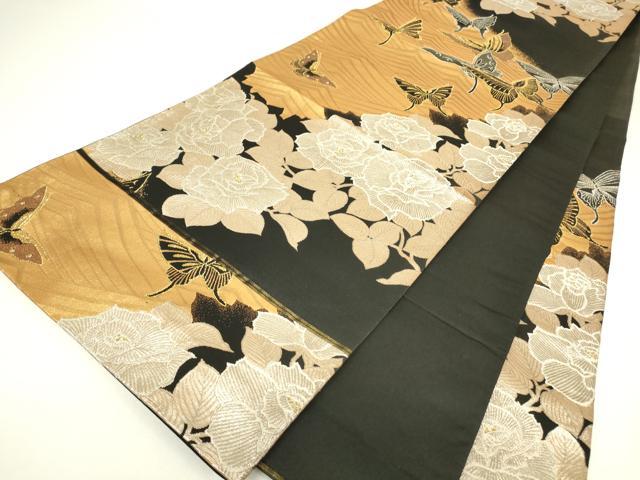 平和屋着物▼六通柄袋帯　舞蝶花文　黒地　金銀糸　正絹　逸品　DABH6875az