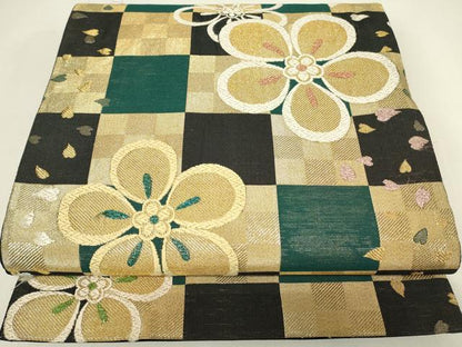 平和屋着物▼六通柄袋帯　唐織　市松花文　金糸　正絹　逸品　DABH6876az
